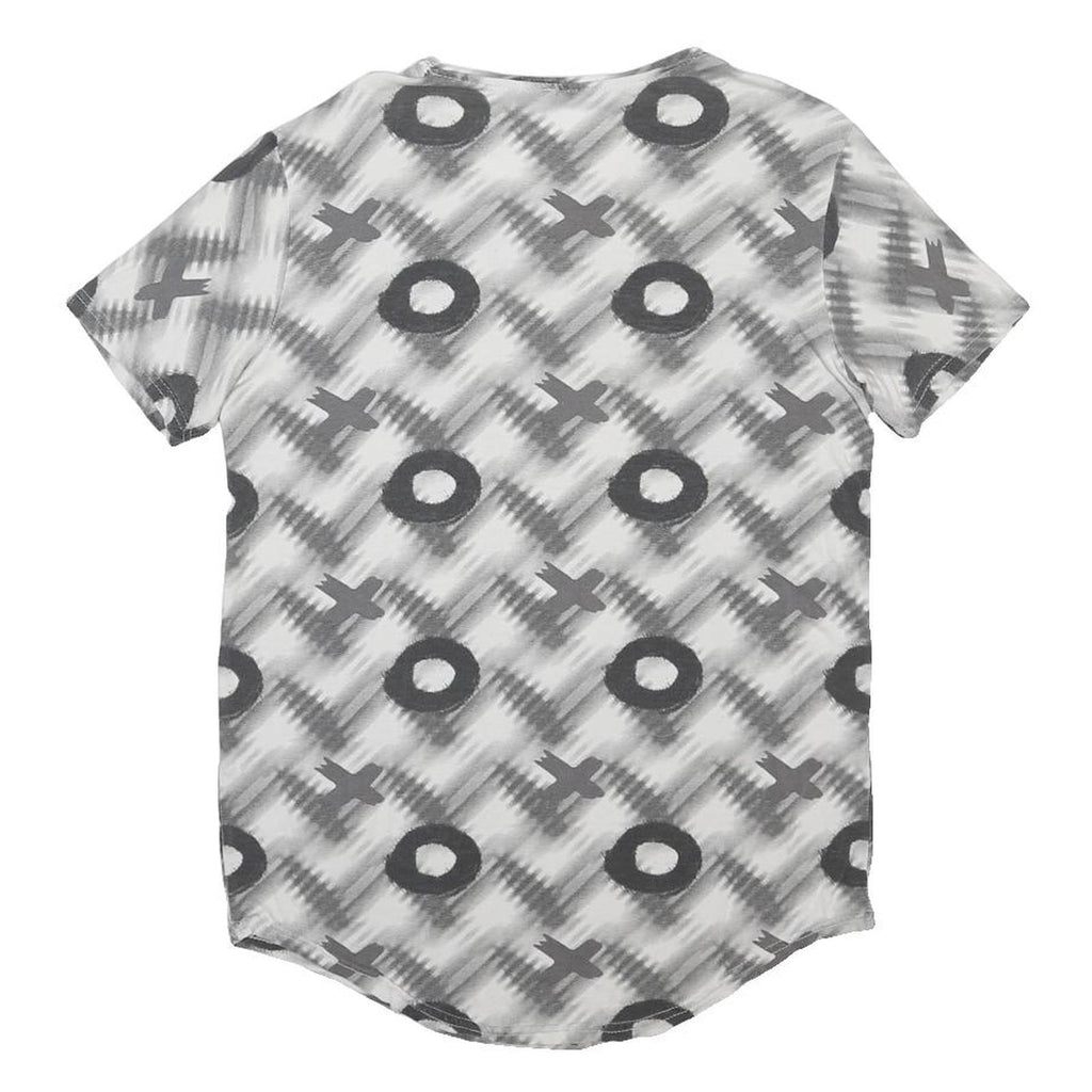 HEY BOY Womens Grey Graphic T-Shirt L Short Sleeve Crew Neck Plaid Cotton Blend