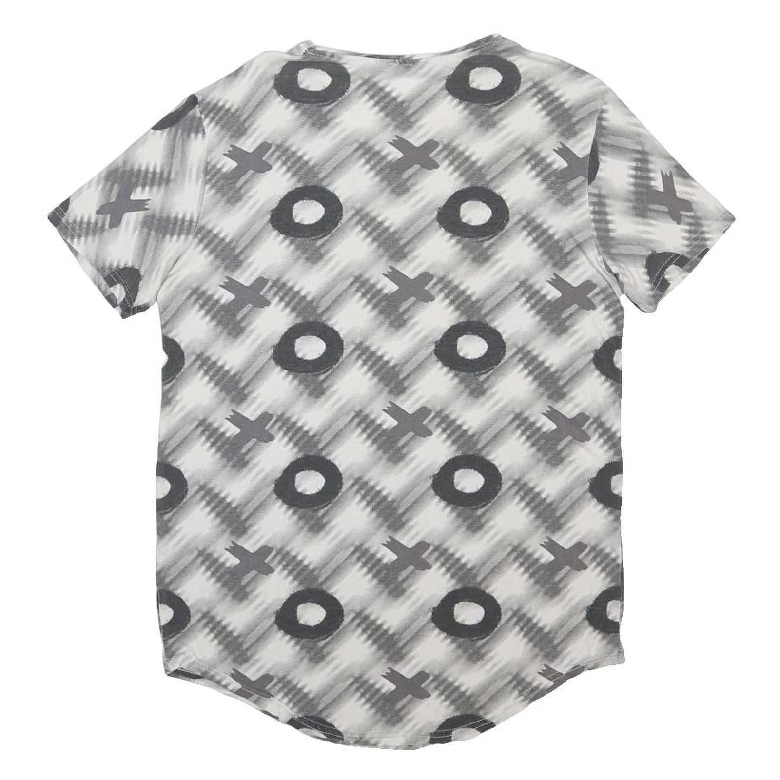HEY BOY Womens Grey Graphic T-Shirt L Short Sleeve Crew Neck Plaid Cotton Blend