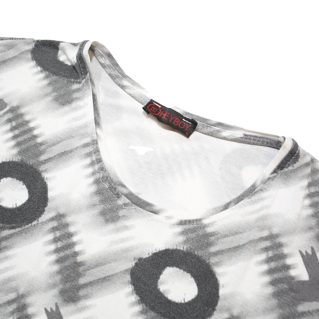HEY BOY Womens Grey Graphic T-Shirt L Short Sleeve Crew Neck Plaid Cotton Blend