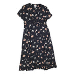 ROBBIE BEE Womens Black Floral Day Dress Cotton Blend Short Sleeve Midi L