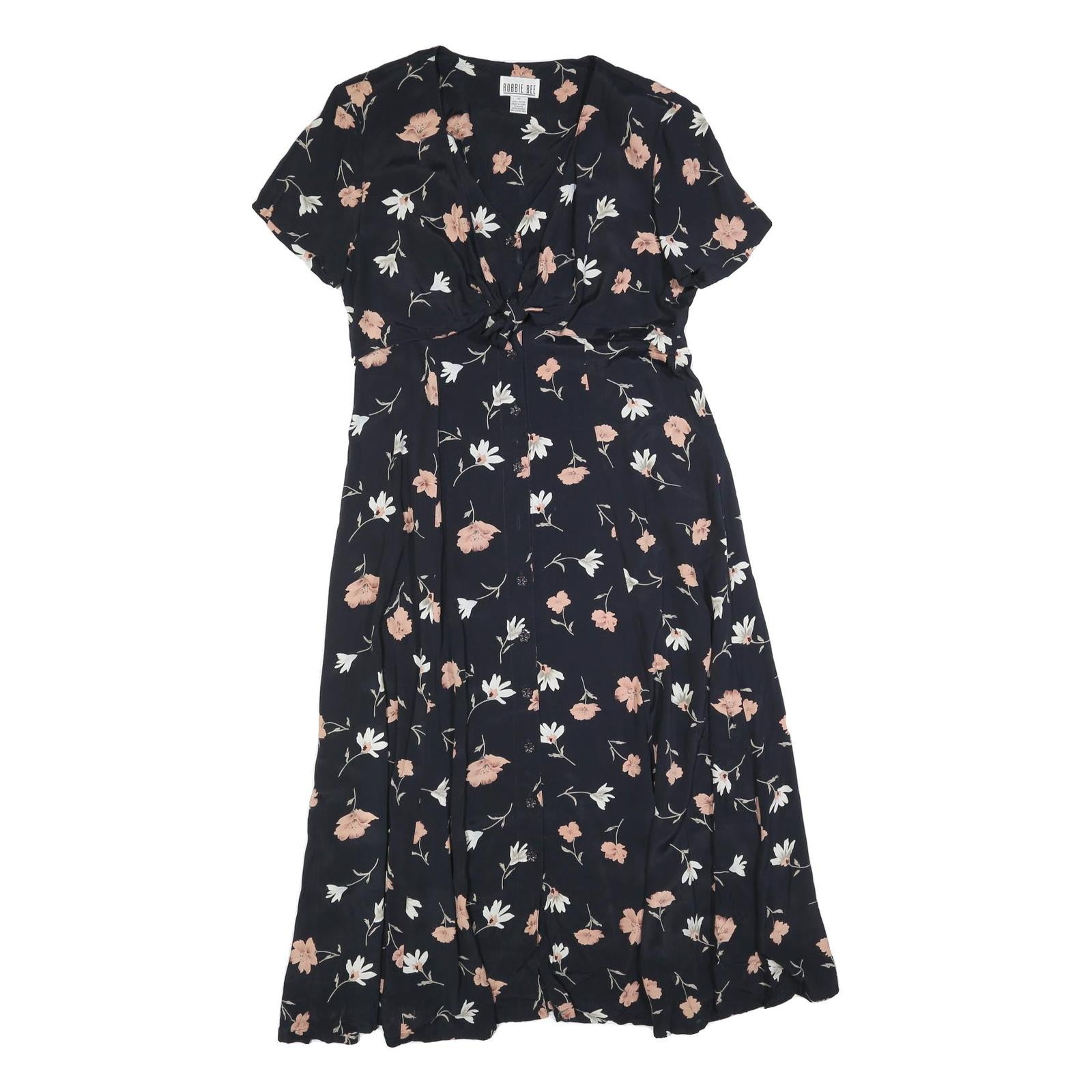 ROBBIE BEE Womens Black Floral Day Dress Cotton Blend Short Sleeve Midi L