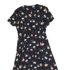 ROBBIE BEE Womens Black Floral Day Dress Cotton Blend Short Sleeve Midi L