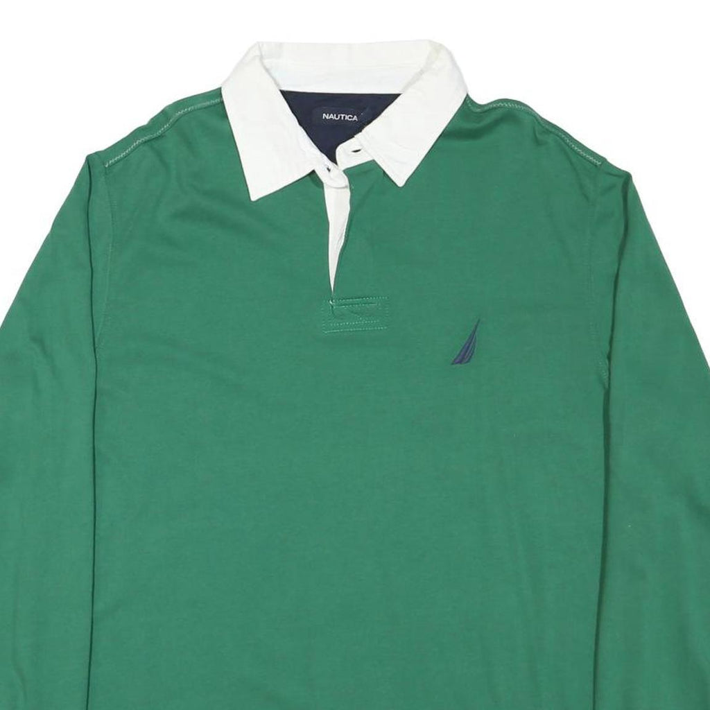 NAUTICA Mens Green & White Long Sleeve Plain L Cotton Blend Rugby Style Polo