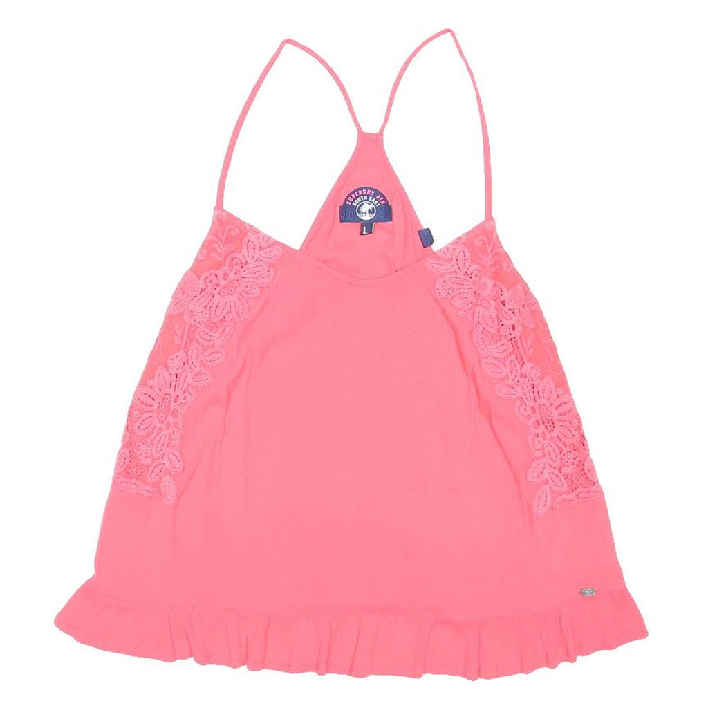 SUPERDRY Womens Pink Lace Detail Vest Sleeveless Top L Lightweight Cotton