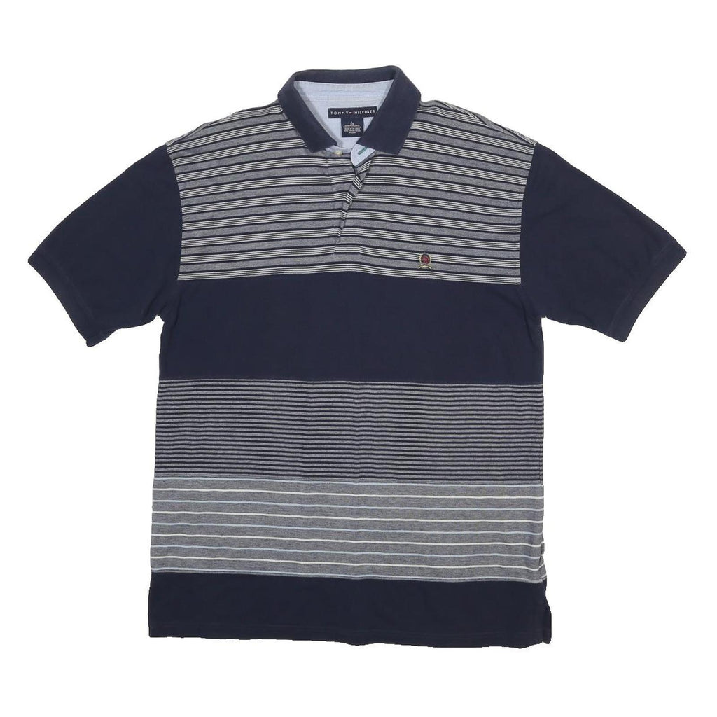 TOMMY HILFIGER Mens Navy & Grey Striped Short Sleeve Polo Shirt L Casual Cotton