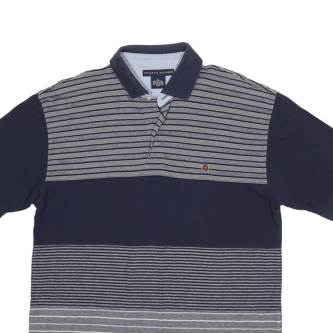 TOMMY HILFIGER Mens Navy & Grey Striped Short Sleeve Polo Shirt L Casual Cotton