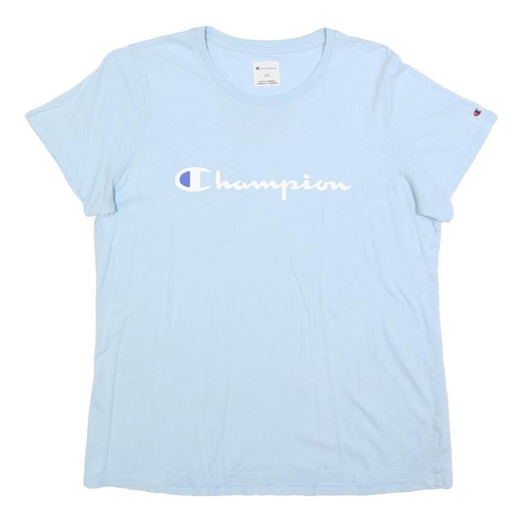 CHAMPION Womens Light Blue Cotton Blend Classic T-Shirt L Short Sleeve Crew Neck