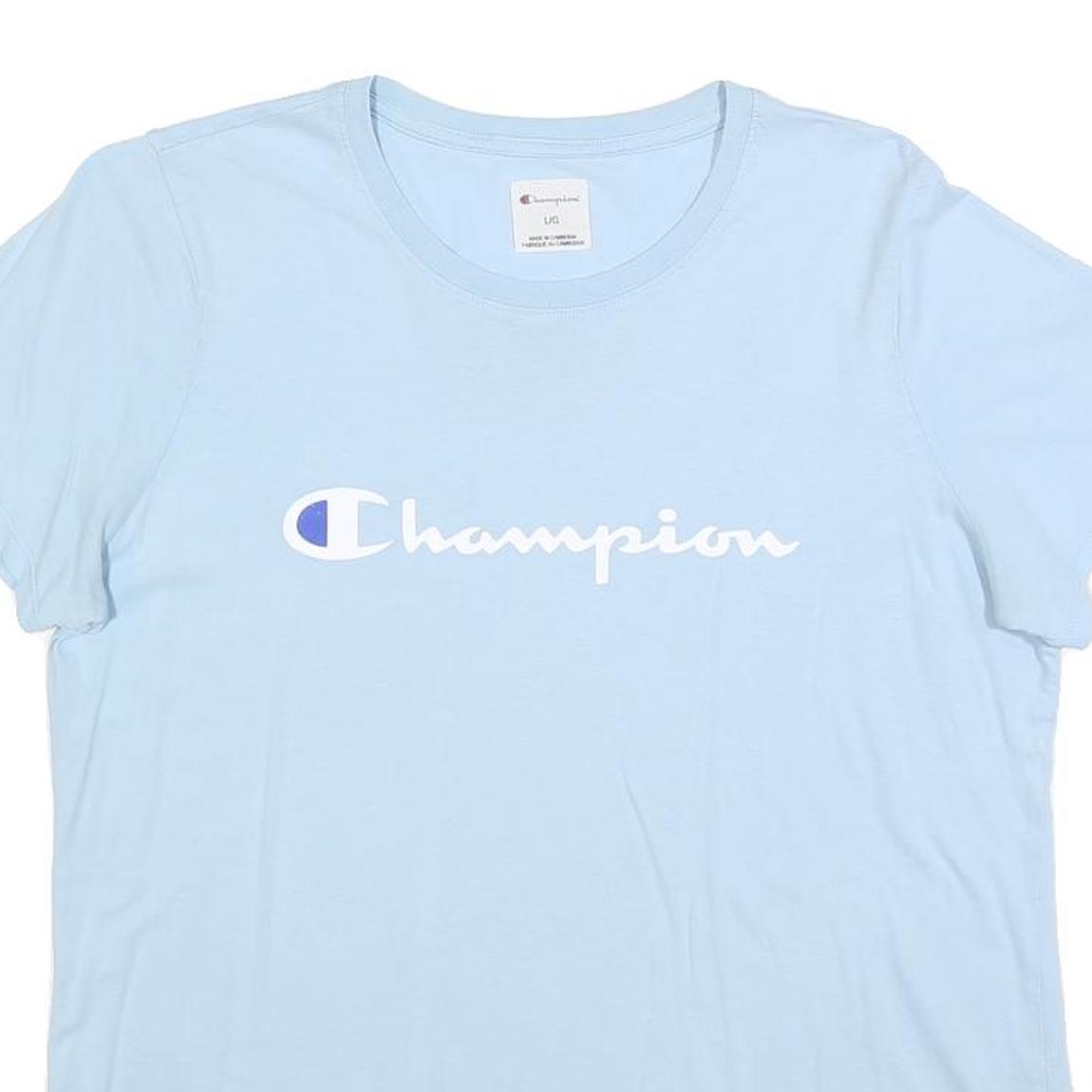 CHAMPION Womens Light Blue Cotton Blend Classic T-Shirt L Short Sleeve Crew Neck