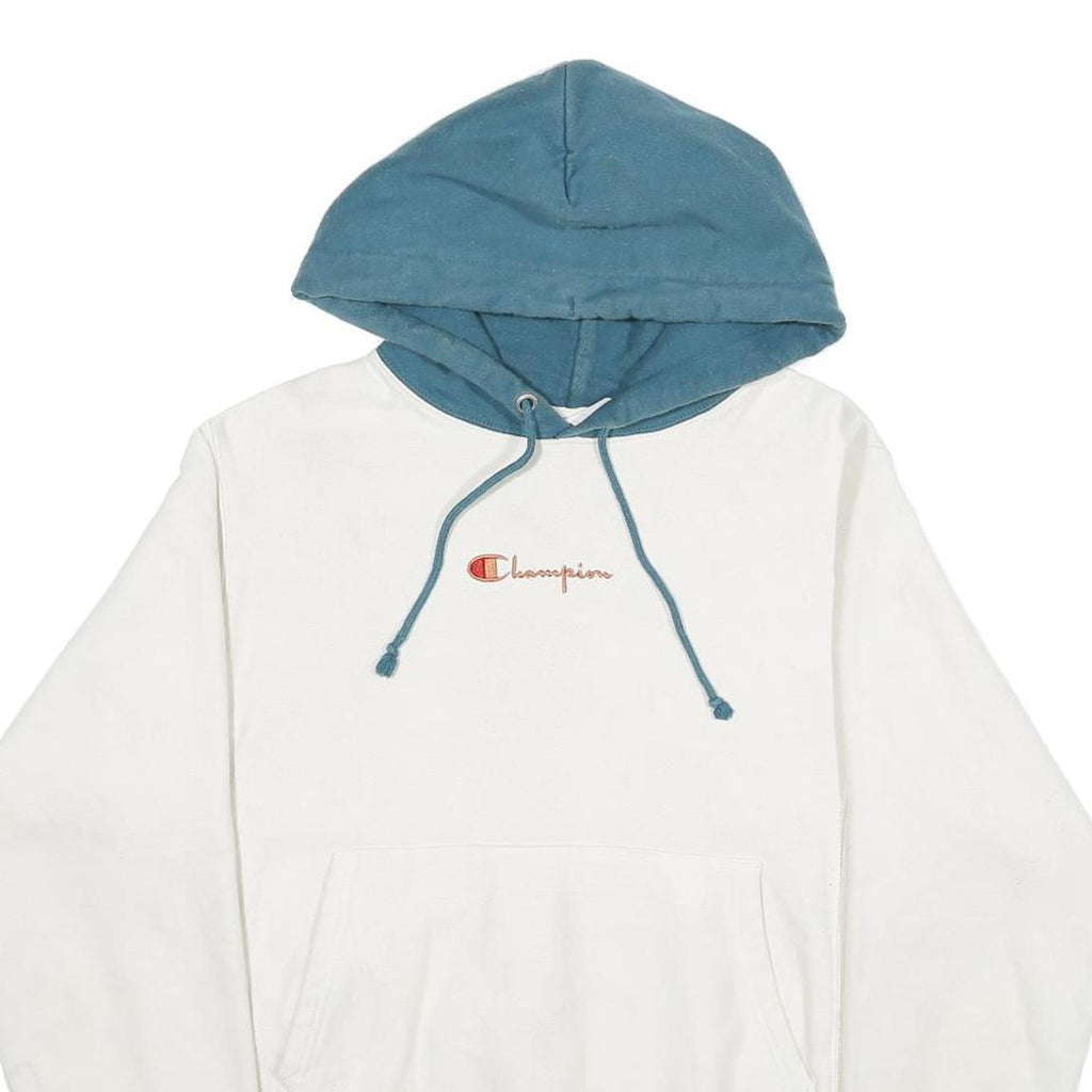 CHAMPION REVERSE WEAVE Mens White & Blue Pullover Hoodie S Cotton Blend Casual