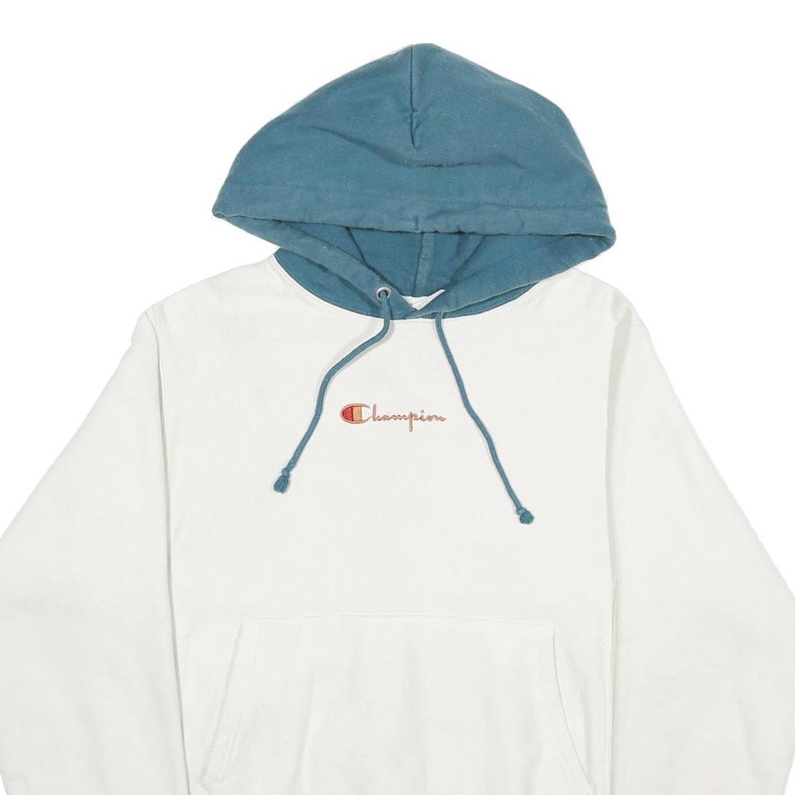 CHAMPION REVERSE WEAVE Mens White & Blue Pullover Hoodie S Cotton Blend Casual