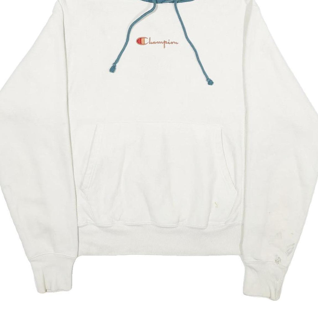 CHAMPION REVERSE WEAVE Mens White & Blue Pullover Hoodie S Cotton Blend Casual