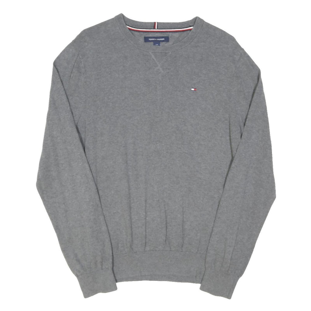 TOMMY HILFIGER Mens Grey Plain Cotton Blend Jumper Crew Neck Basic Knit L