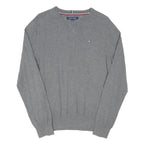 TOMMY HILFIGER Mens Grey Plain Cotton Blend Jumper Crew Neck Basic Knit L