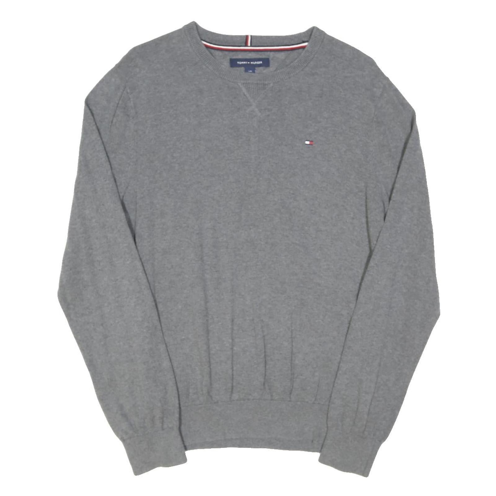 TOMMY HILFIGER Mens Grey Plain Cotton Blend Jumper Crew Neck Basic Knit L