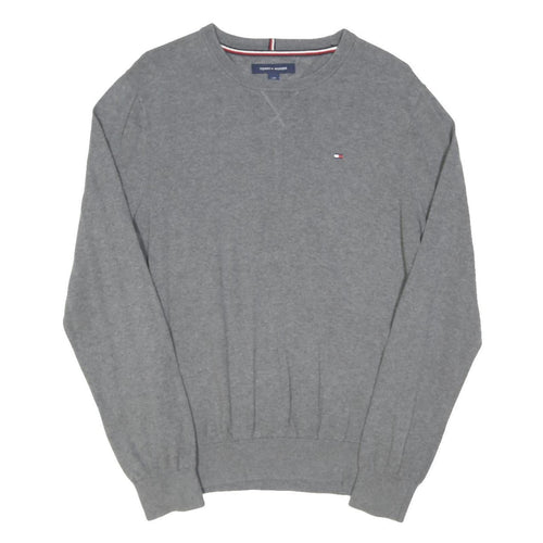 TOMMY HILFIGER Mens Grey Plain Cotton Blend Jumper Crew Neck Basic Knit L
