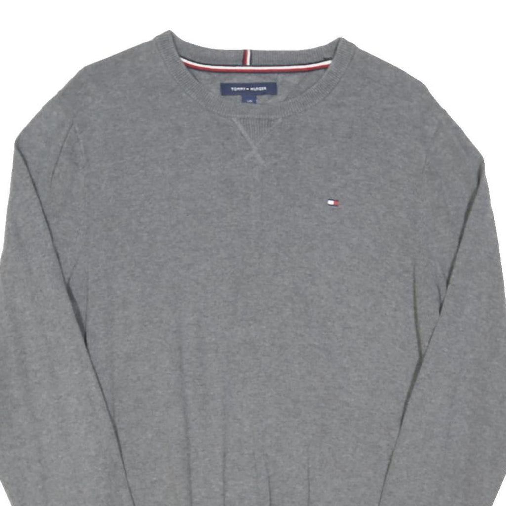 TOMMY HILFIGER Mens Grey Plain Cotton Blend Jumper Crew Neck Basic Knit L