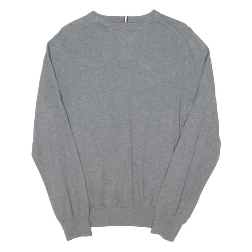 TOMMY HILFIGER Mens Grey Plain Cotton Blend Jumper Crew Neck Basic Knit L