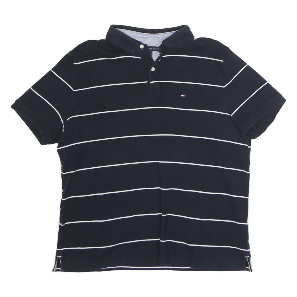 TOMMY HILFIGER Mens Navy Blue & White Striped Short Sleeve Polo Shirt L Classic