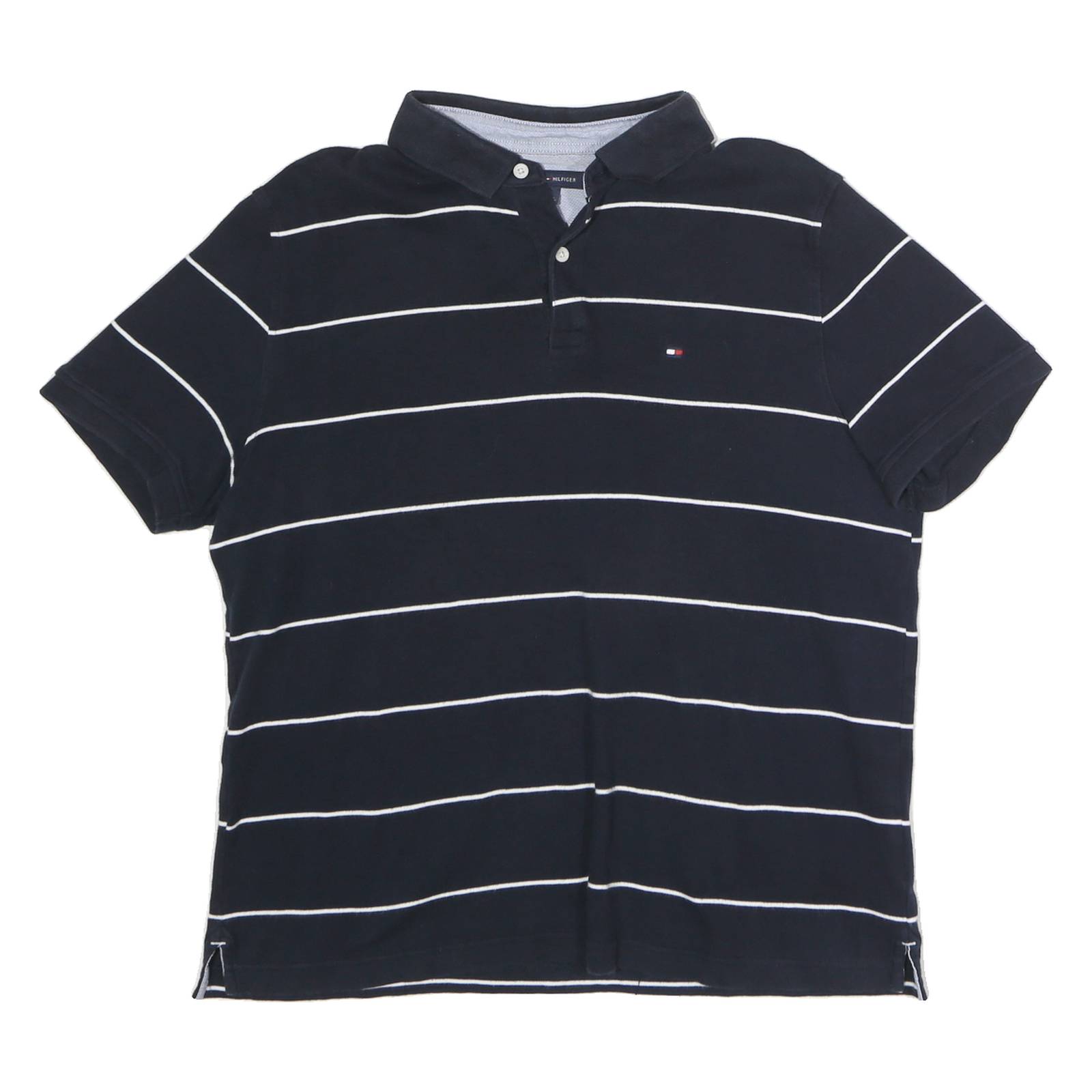 TOMMY HILFIGER Mens Navy Blue & White Striped Short Sleeve Polo Shirt L Classic