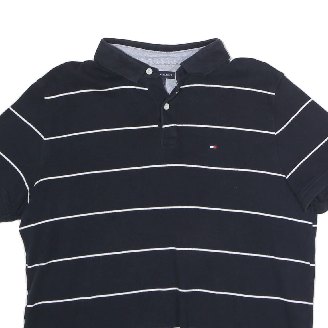 TOMMY HILFIGER Mens Navy Blue & White Striped Short Sleeve Polo Shirt L Classic