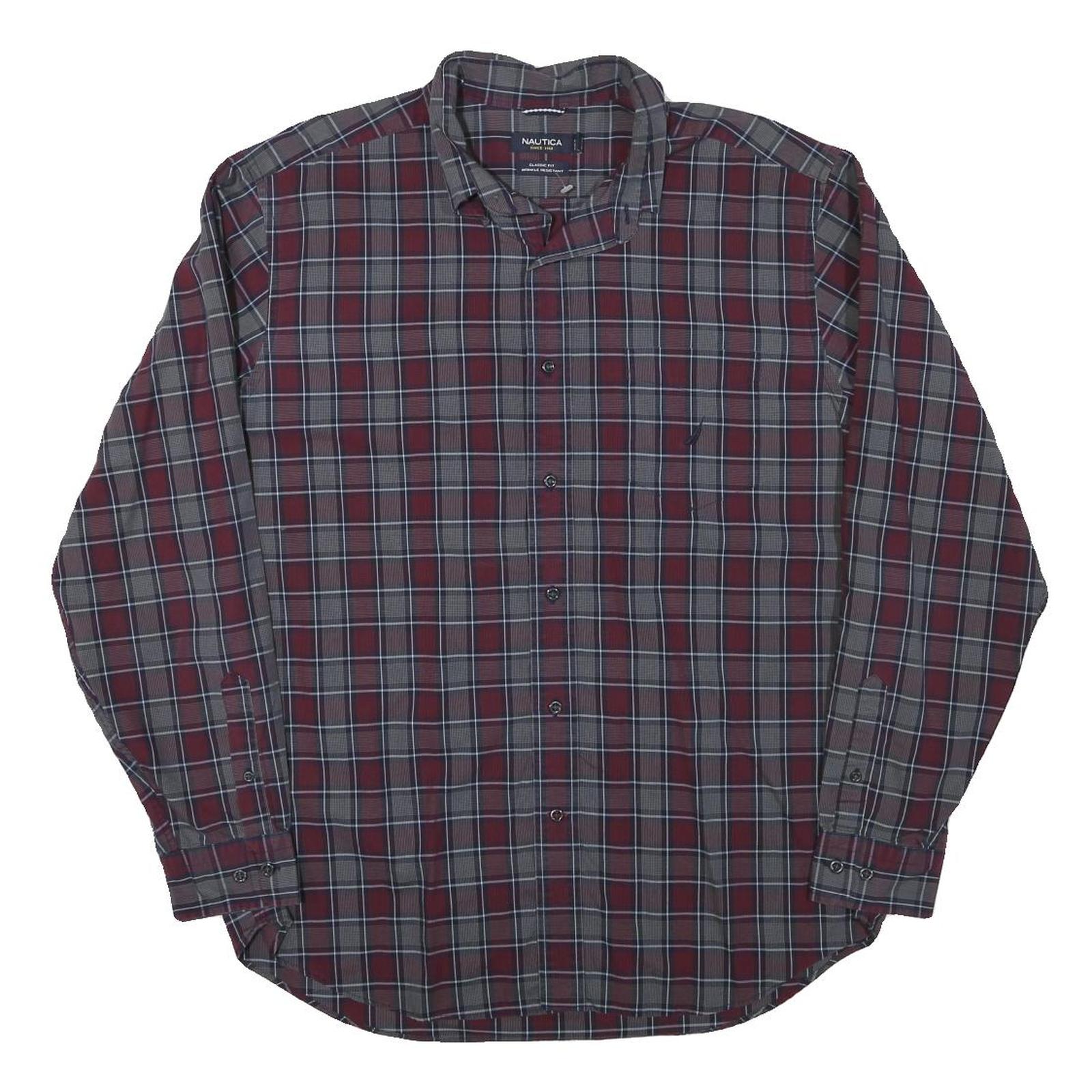 NAUTICA Mens Red & Grey Check Shirt L Classic Fit Cotton Blend Casual