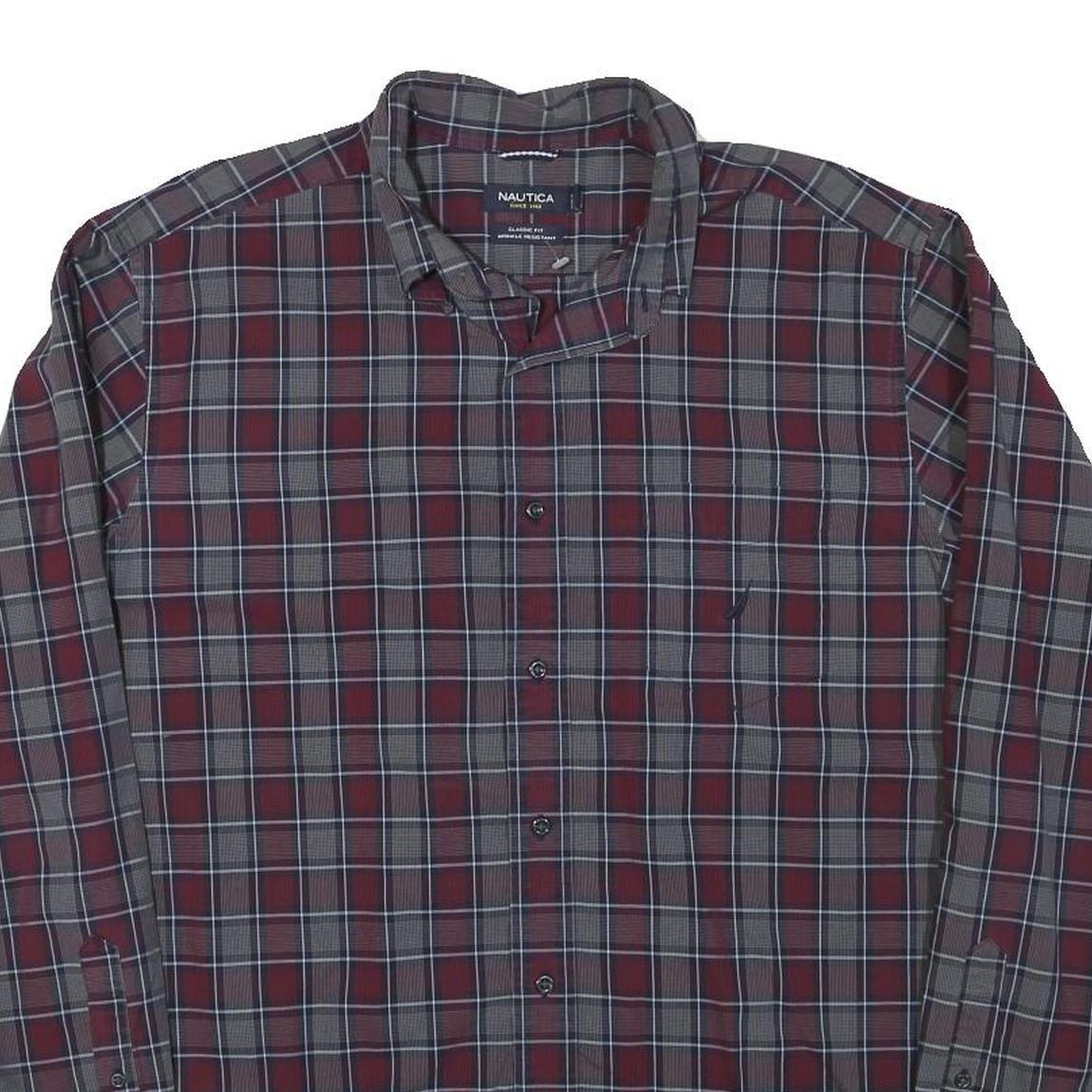 NAUTICA Mens Red & Grey Check Shirt L Classic Fit Cotton Blend Casual