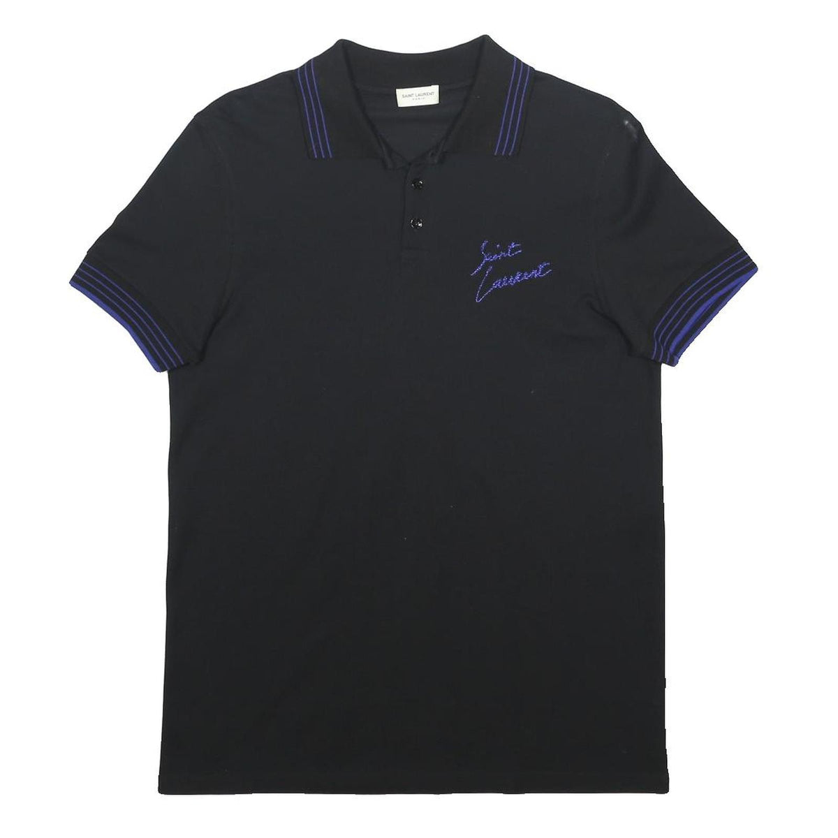 SAINT LAURENT Mens Black Polo Shirt S Cotton Embroidered Script Short Sleeve