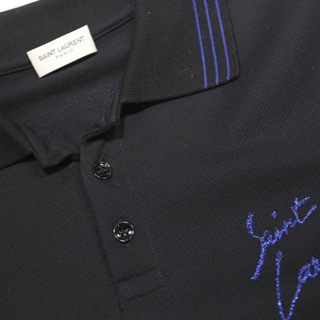 SAINT LAURENT Mens Black Polo Shirt S Cotton Embroidered Script Short Sleeve