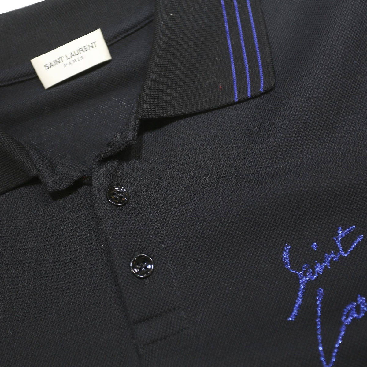 SAINT LAURENT Mens Black Polo Shirt S Cotton Embroidered Script Short Sleeve