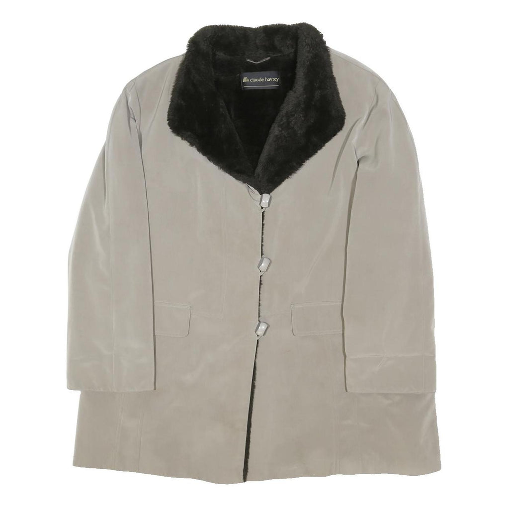 CLAUDE HARVEY Womens Grey Black Faux Fur Collar Jacket XL Polyester Blend Button