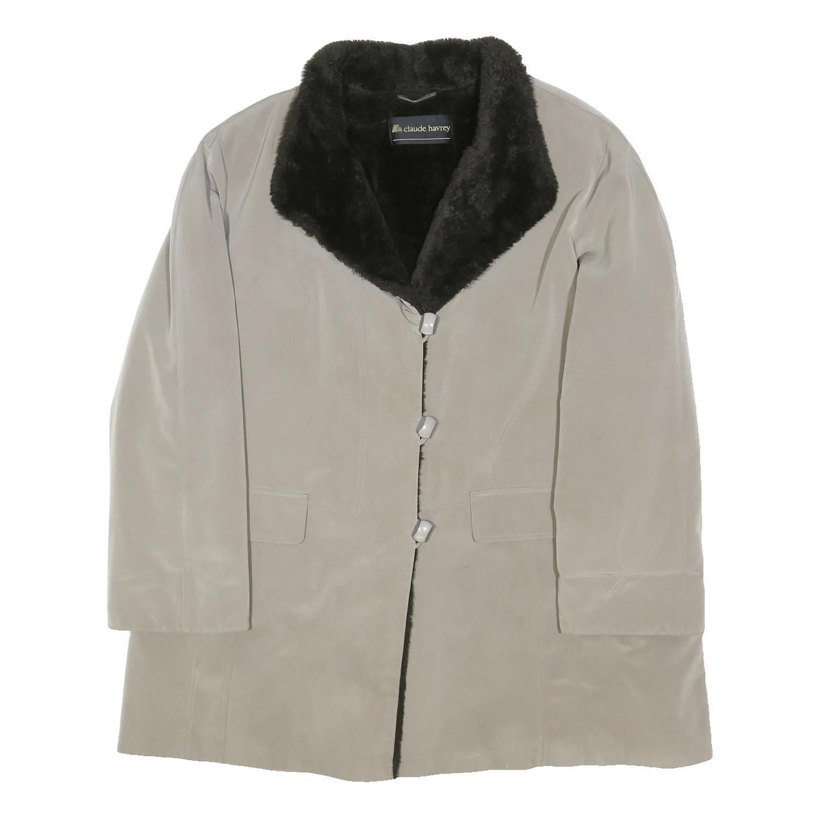 CLAUDE HARVEY Womens Grey Black Faux Fur Collar Jacket XL Polyester Blend Button