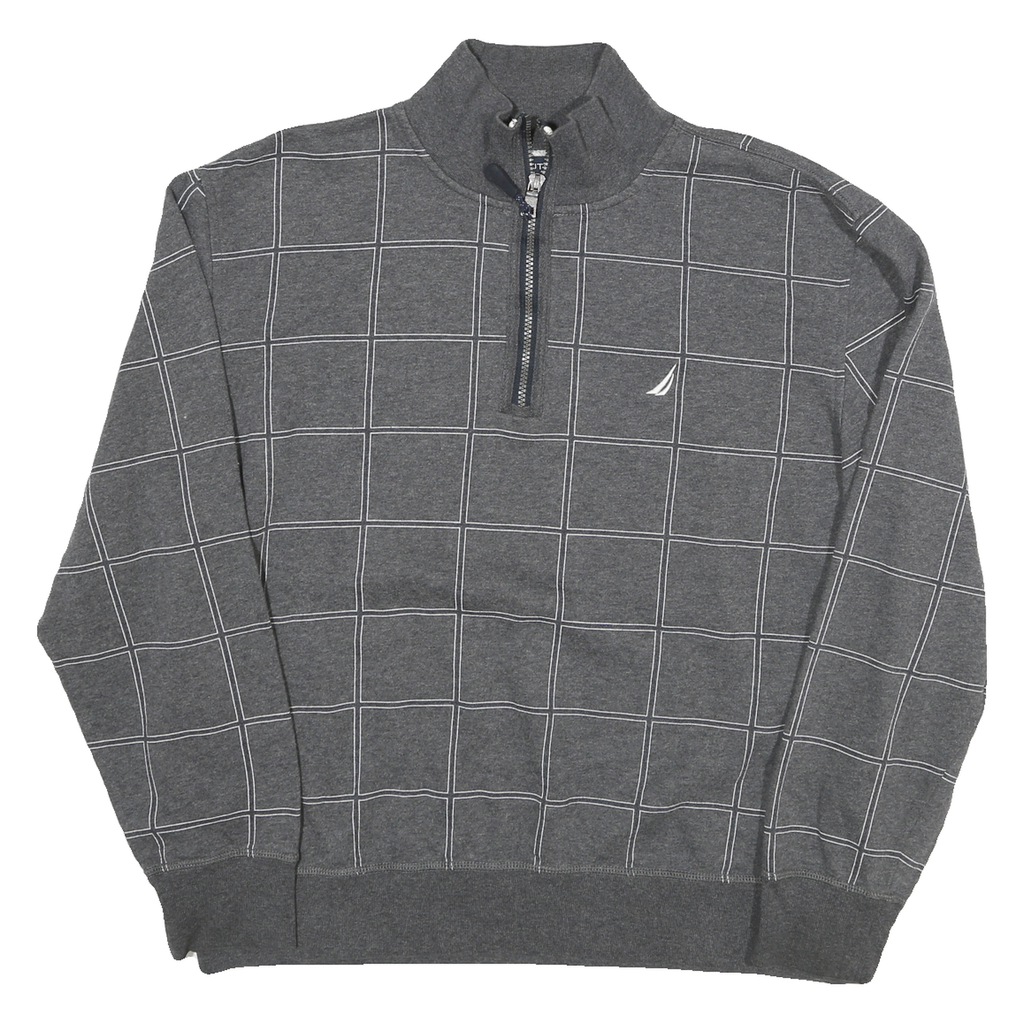 NAUTICA Mens Grey Cotton Blend Check Sweatshirt L Quarter Zip Casual
