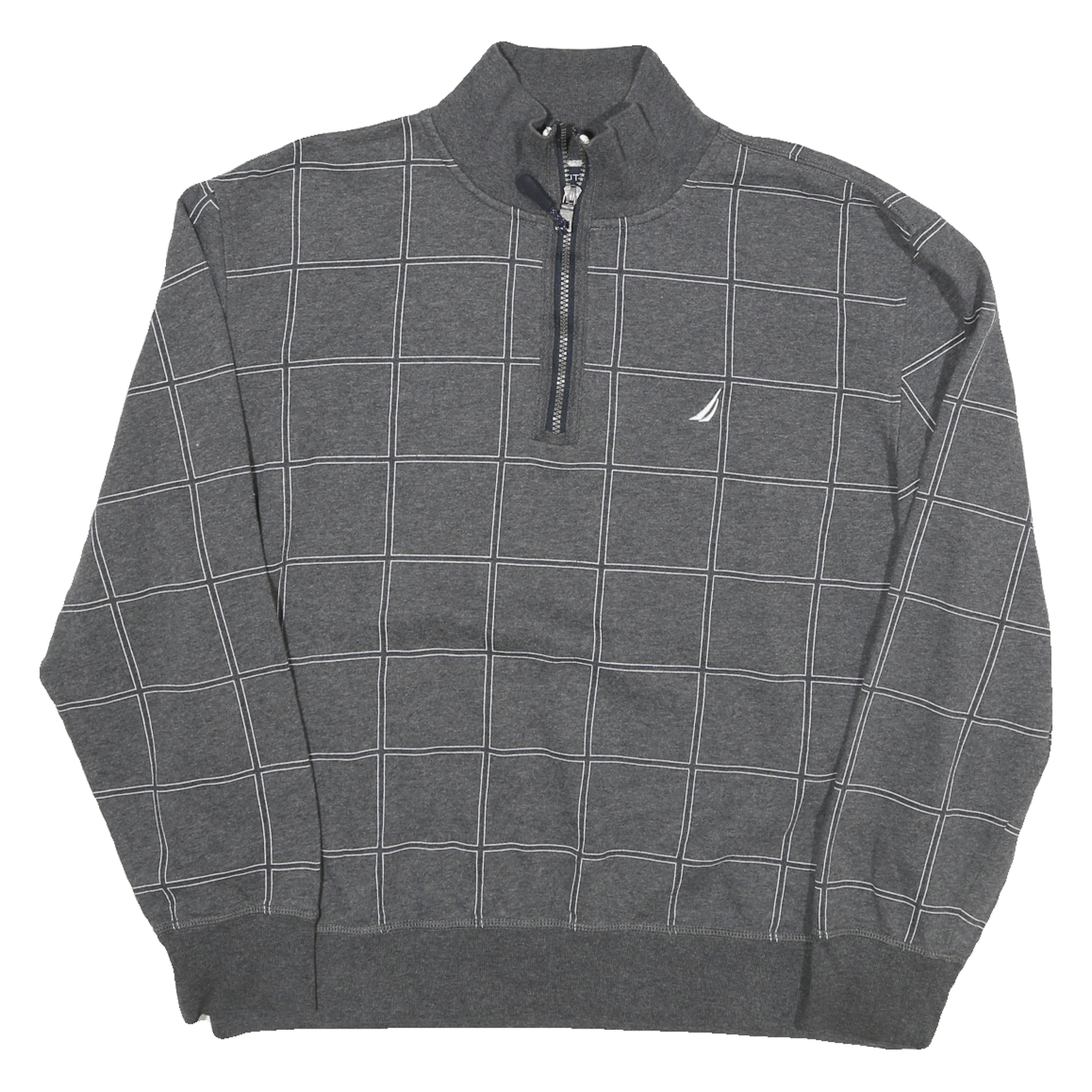 NAUTICA Mens Grey Cotton Blend Check Sweatshirt L Quarter Zip Casual