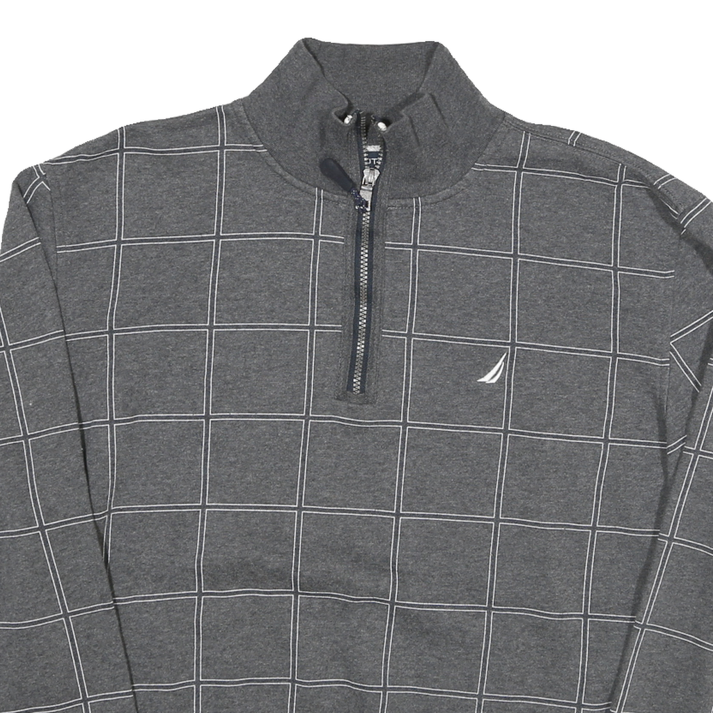 NAUTICA Mens Grey Cotton Blend Check Sweatshirt L Quarter Zip Casual