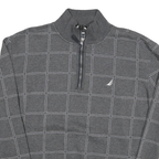 NAUTICA Mens Grey Cotton Blend Check Sweatshirt L Quarter Zip Casual