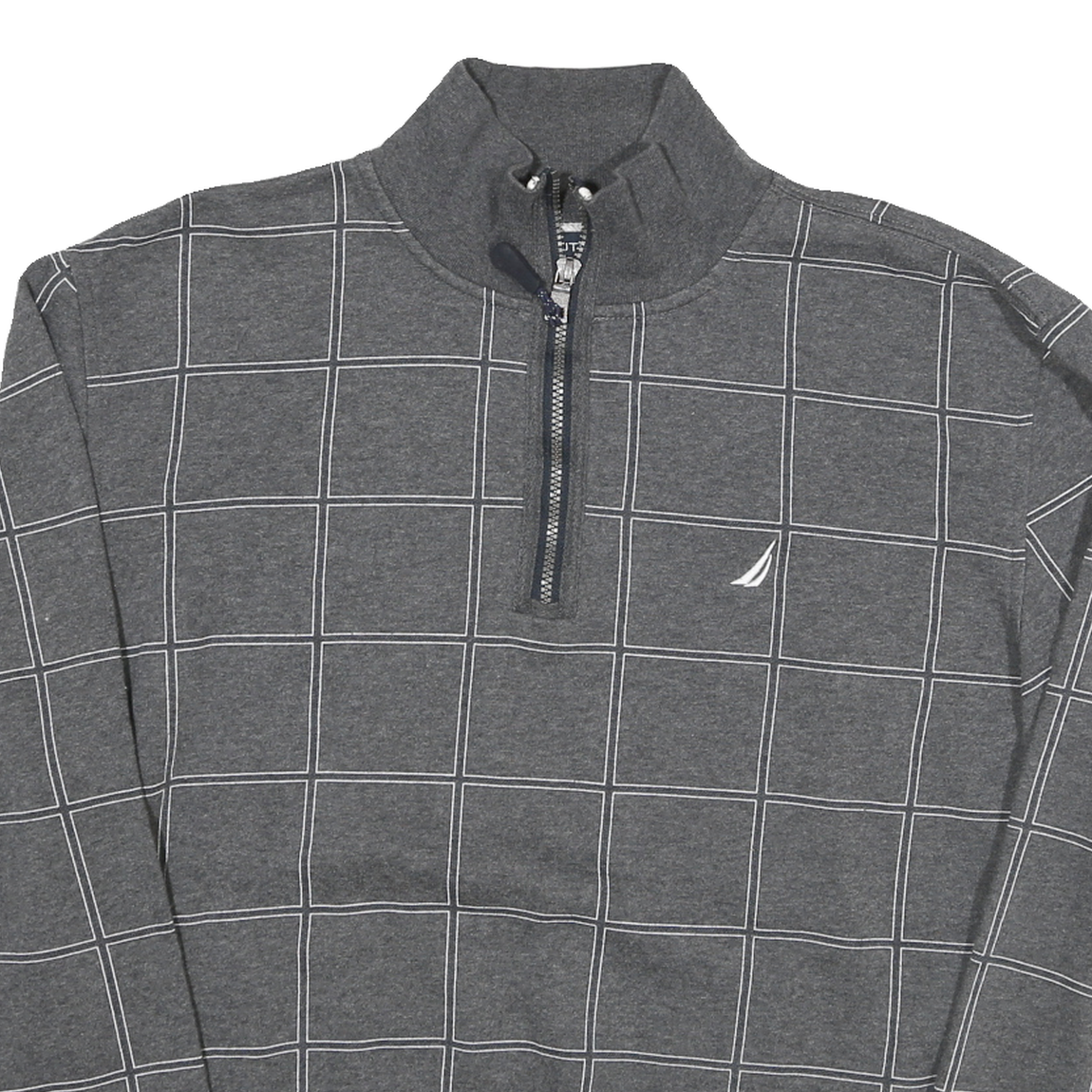 NAUTICA Mens Grey Cotton Blend Check Sweatshirt L Quarter Zip Casual