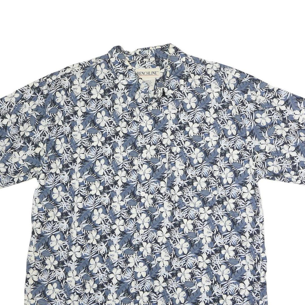 BENCHLINE Mens Blue & White Floral Cotton Shirt L Casual Summer Short Sleeve