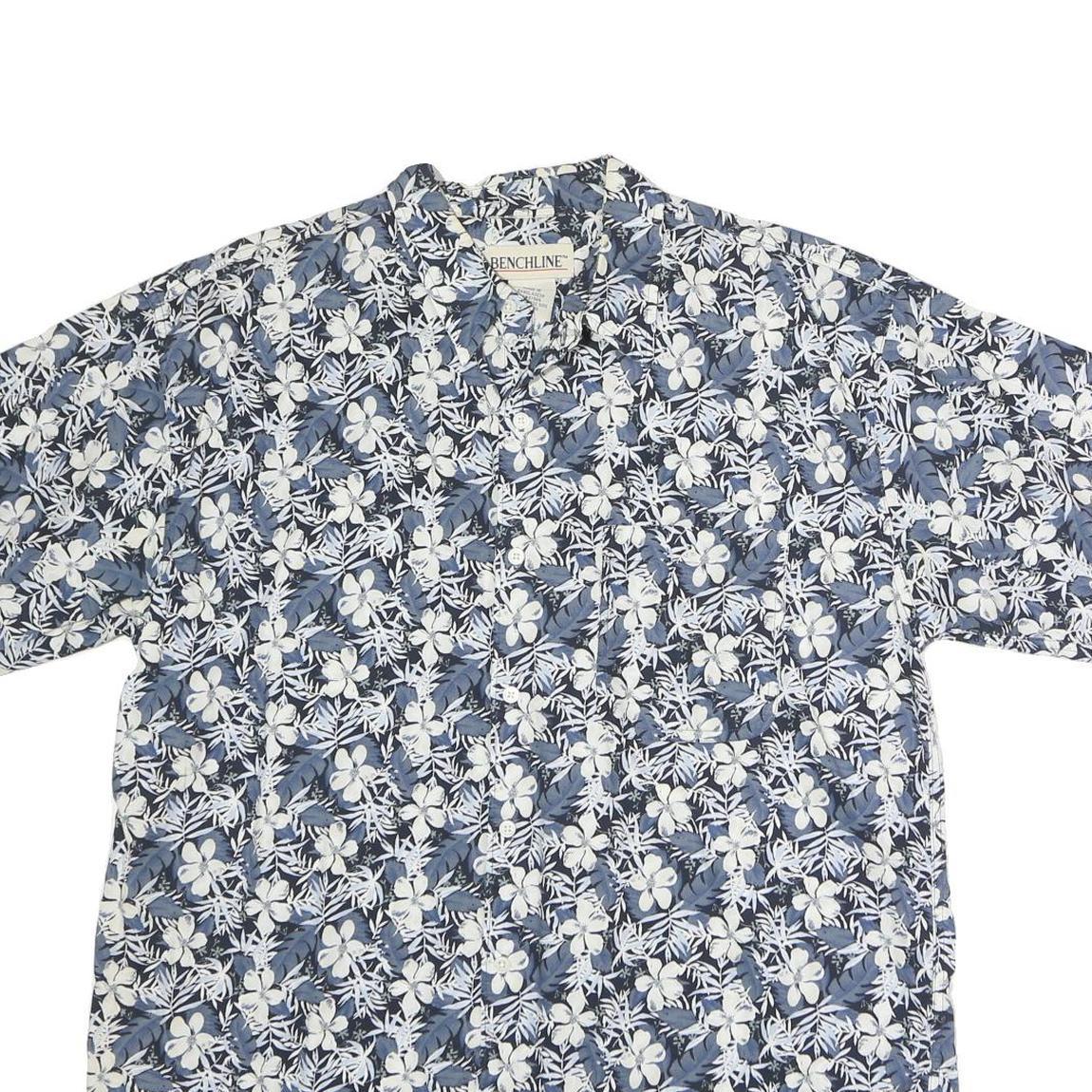 BENCHLINE Mens Blue & White Floral Cotton Shirt L Casual Summer Short Sleeve