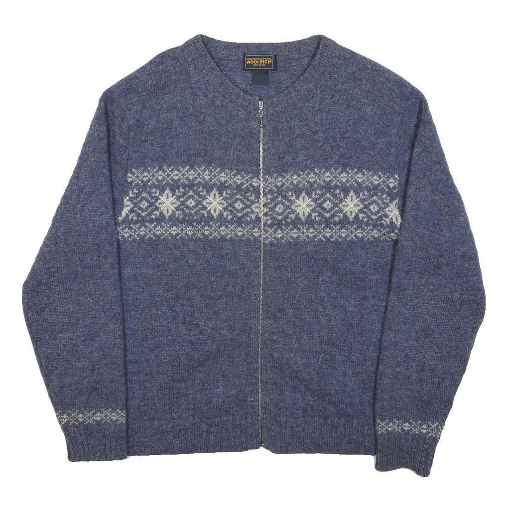 WOOLRICH Womens Blue Patterned Zip Jumper Crew Neck Chunky Knit M Winter Comfort