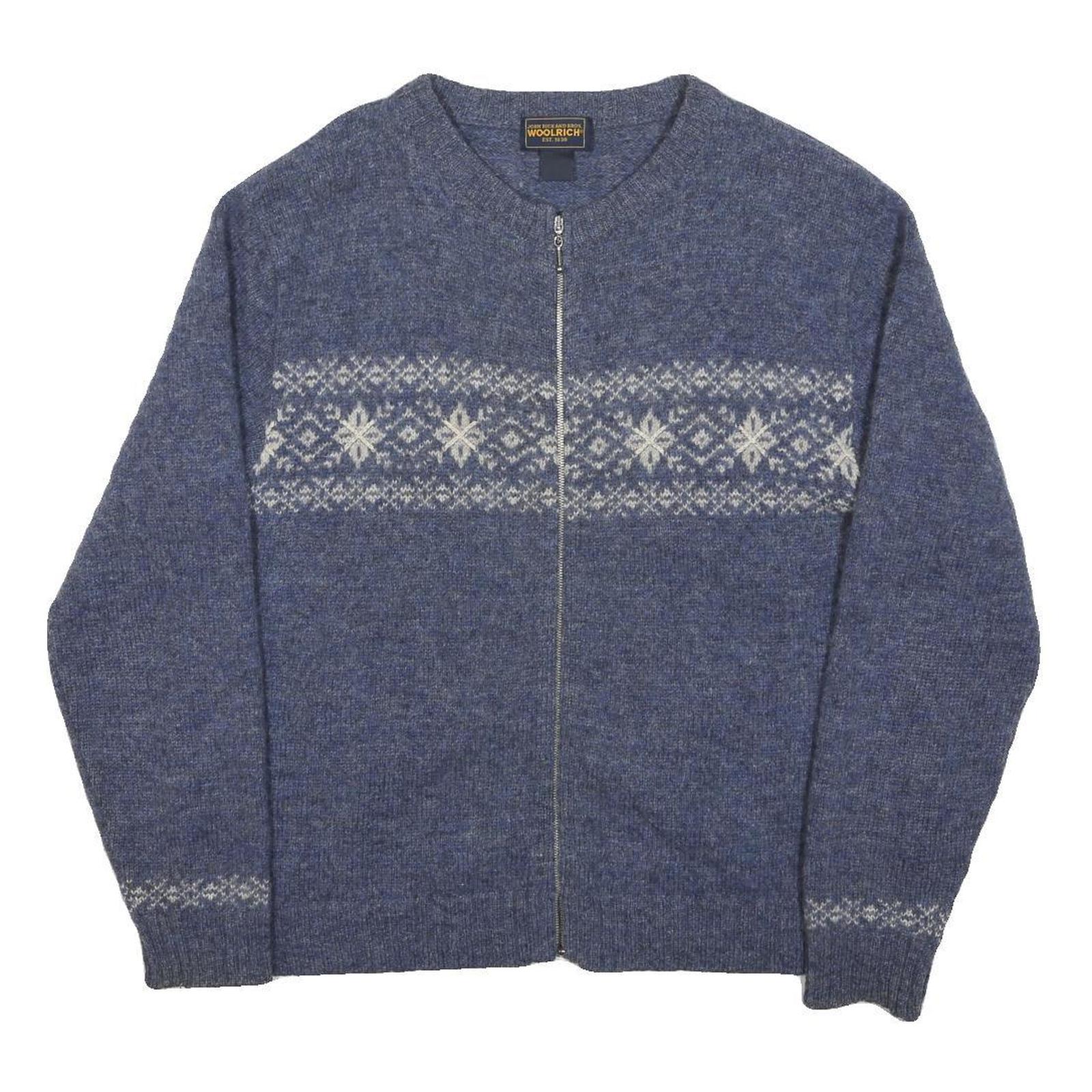 WOOLRICH Womens Blue Patterned Zip Jumper Crew Neck Chunky Knit M Winter Comfort