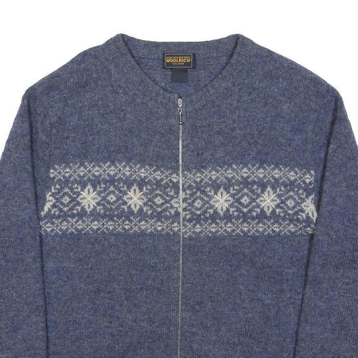 WOOLRICH Womens Blue Patterned Zip Jumper Crew Neck Chunky Knit M Winter Comfort