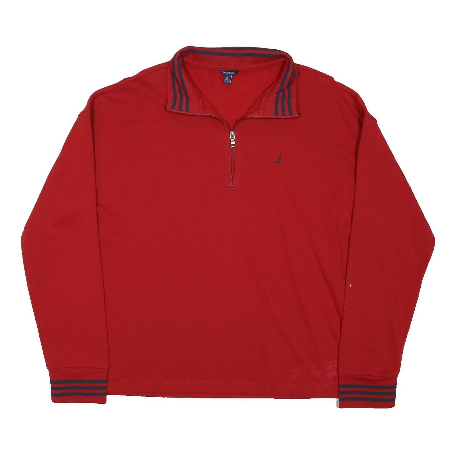 NAUTICA Mens Red 1/4 Zip Collar XL Cotton Blend Sweatshirt Striped Cuffs
