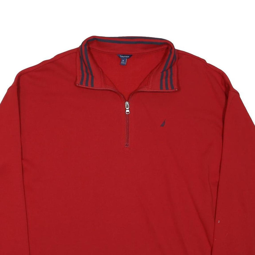 NAUTICA Mens Red 1/4 Zip Collar XL Cotton Blend Sweatshirt Striped Cuffs