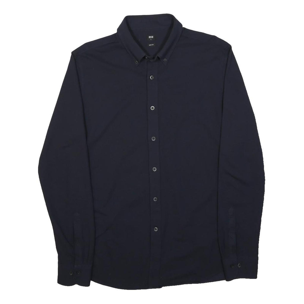 UNI QLO Mens Navy Blue Slim Fit Cotton Blend Shirt L Button Down Collar Long