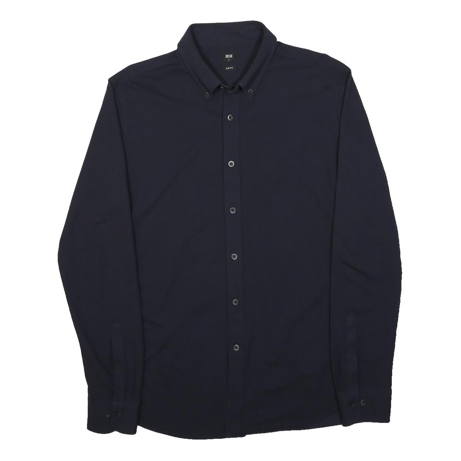 UNI QLO Mens Navy Blue Slim Fit Cotton Blend Shirt L Button Down Collar Long