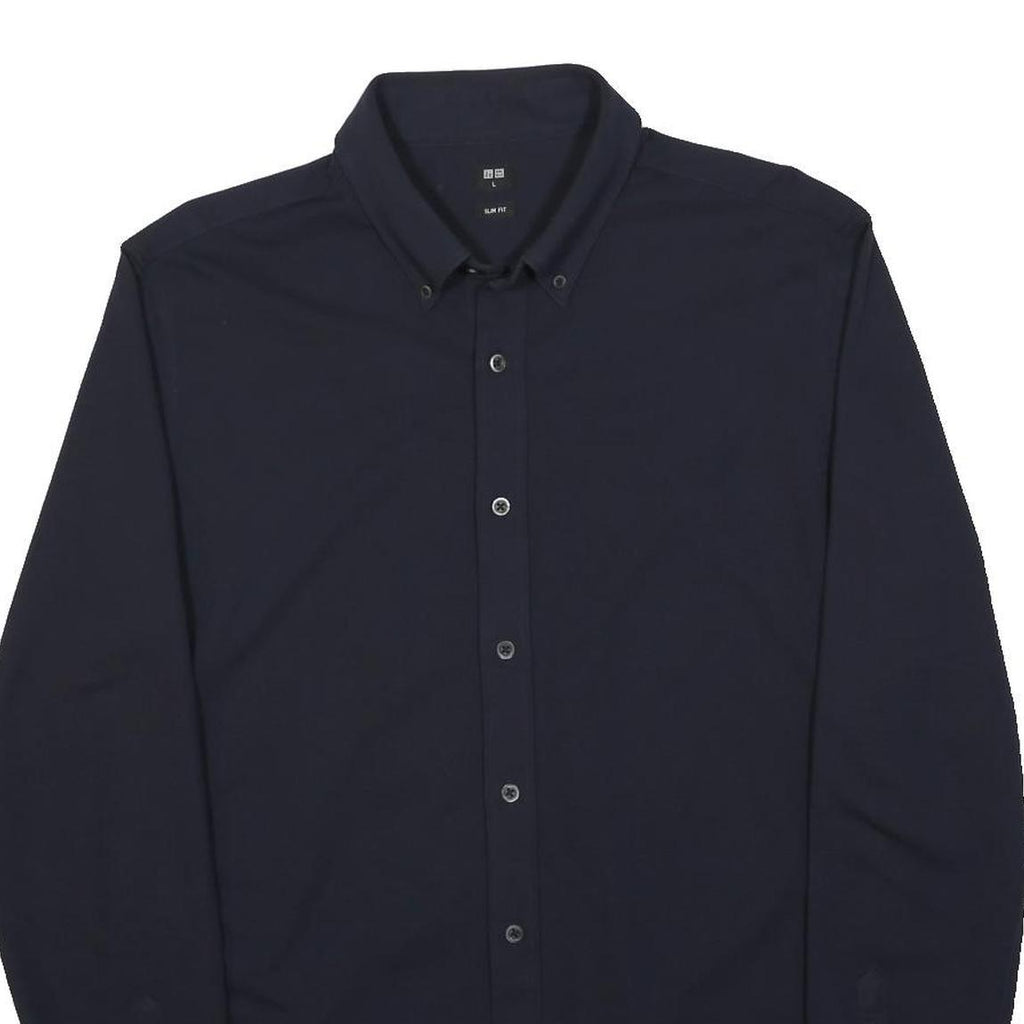 UNI QLO Mens Navy Blue Slim Fit Cotton Blend Shirt L Button Down Collar Long