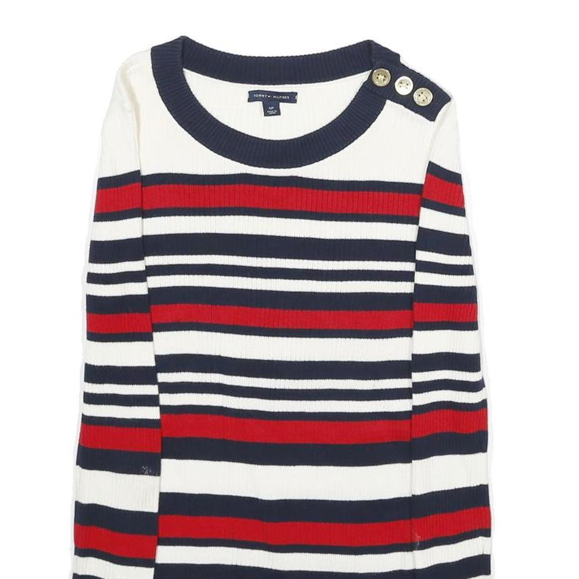 TOMMY HILFIGER Womens White & Red & Navy Striped Plain Crew Neck Basic Knit S