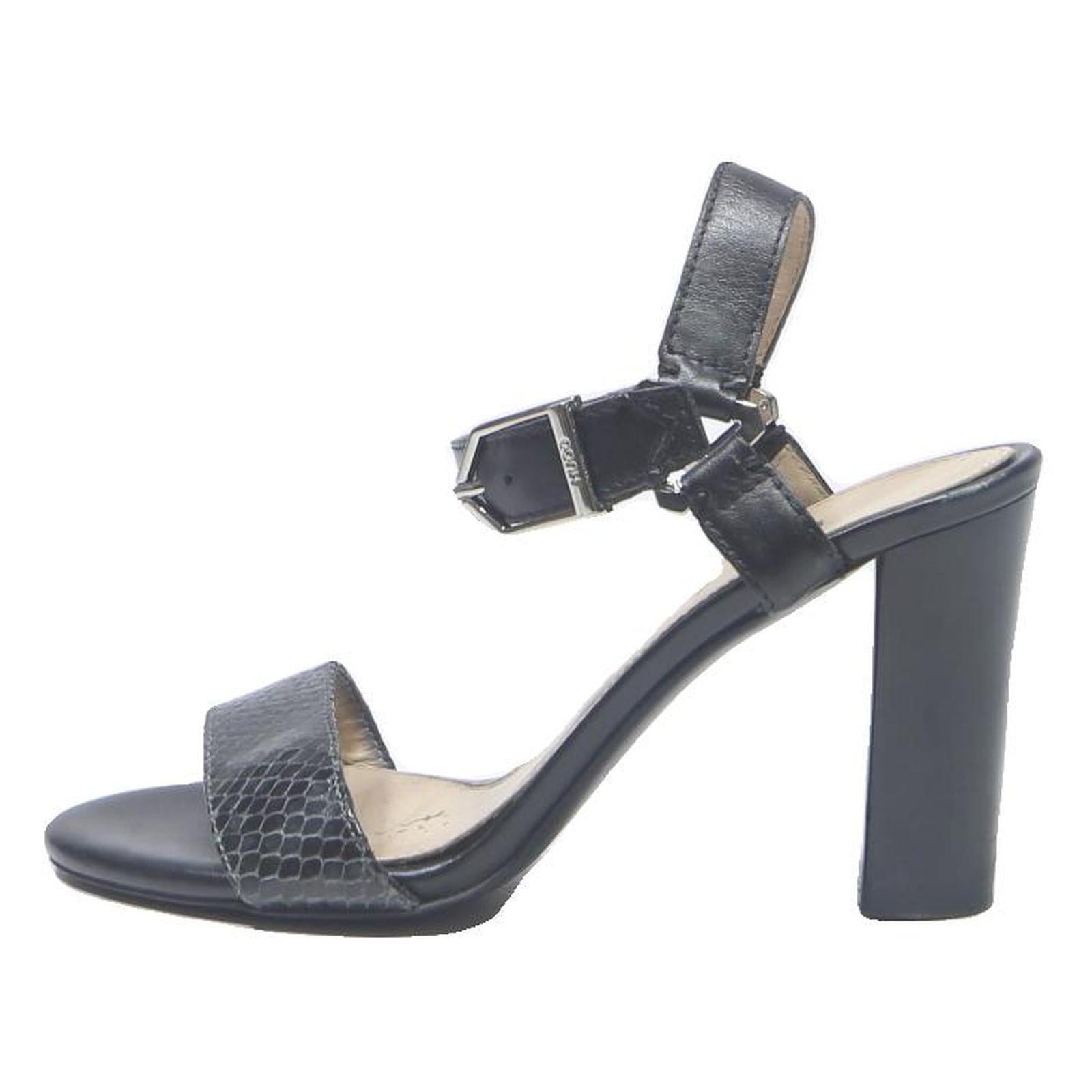 HUGO Womens Black Leather Strappy Block Heel Sandals UK 3 Elegant Comfortable