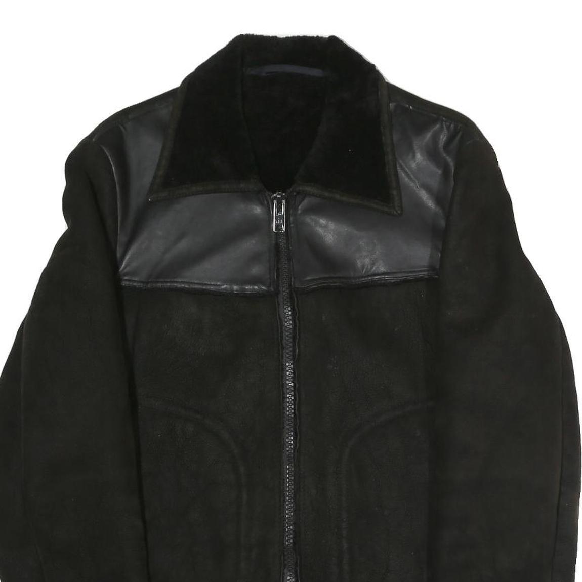 Mens Black Polyester Blend Zip Jacket S Faux Leather Contrast Plain Casual