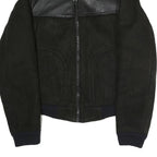 Mens Black Polyester Blend Zip Jacket S Faux Leather Contrast Plain Casual